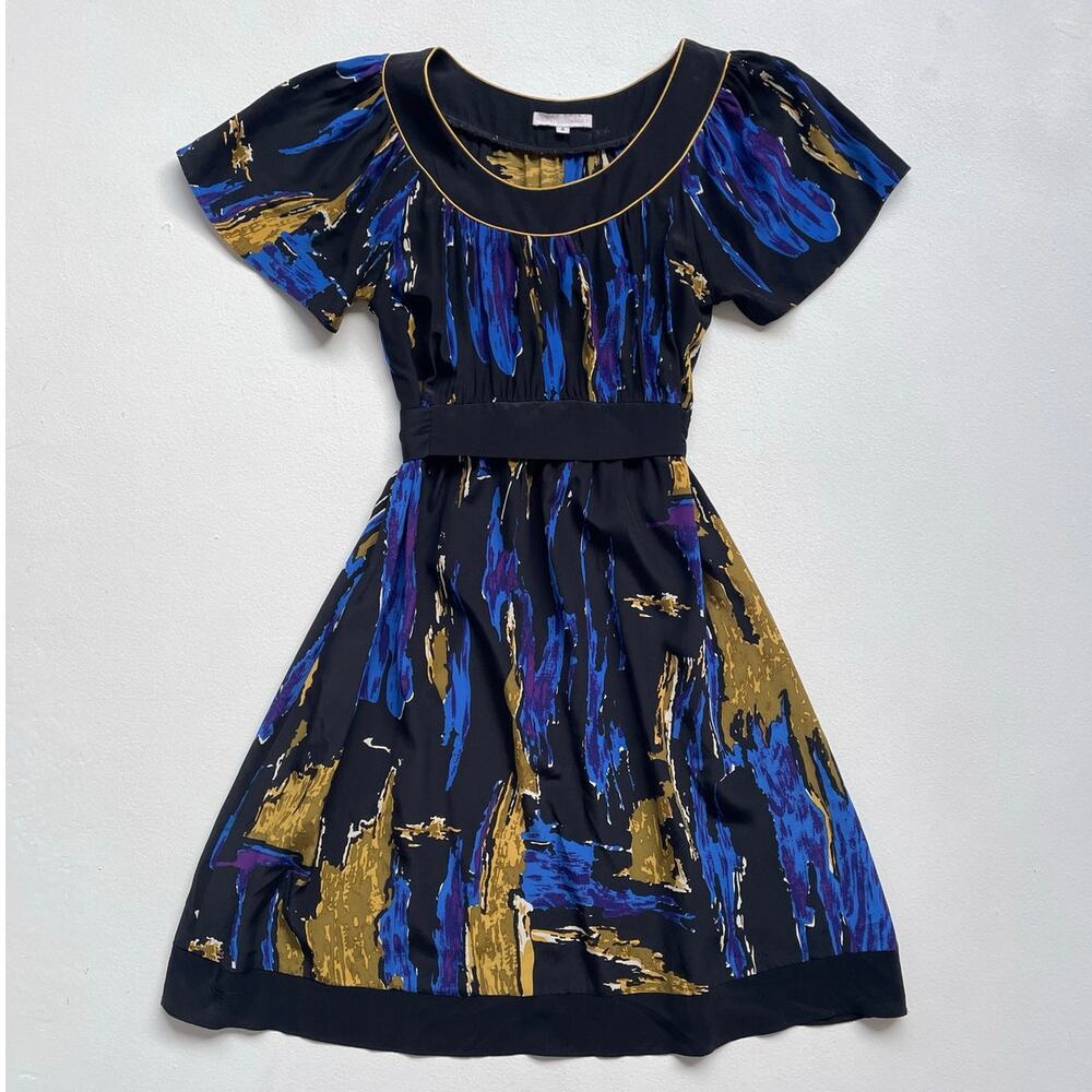 Anthropologie Corey Lynn Calter Blue Patterned Dress Sz 4 Midi Puff Sleeves
